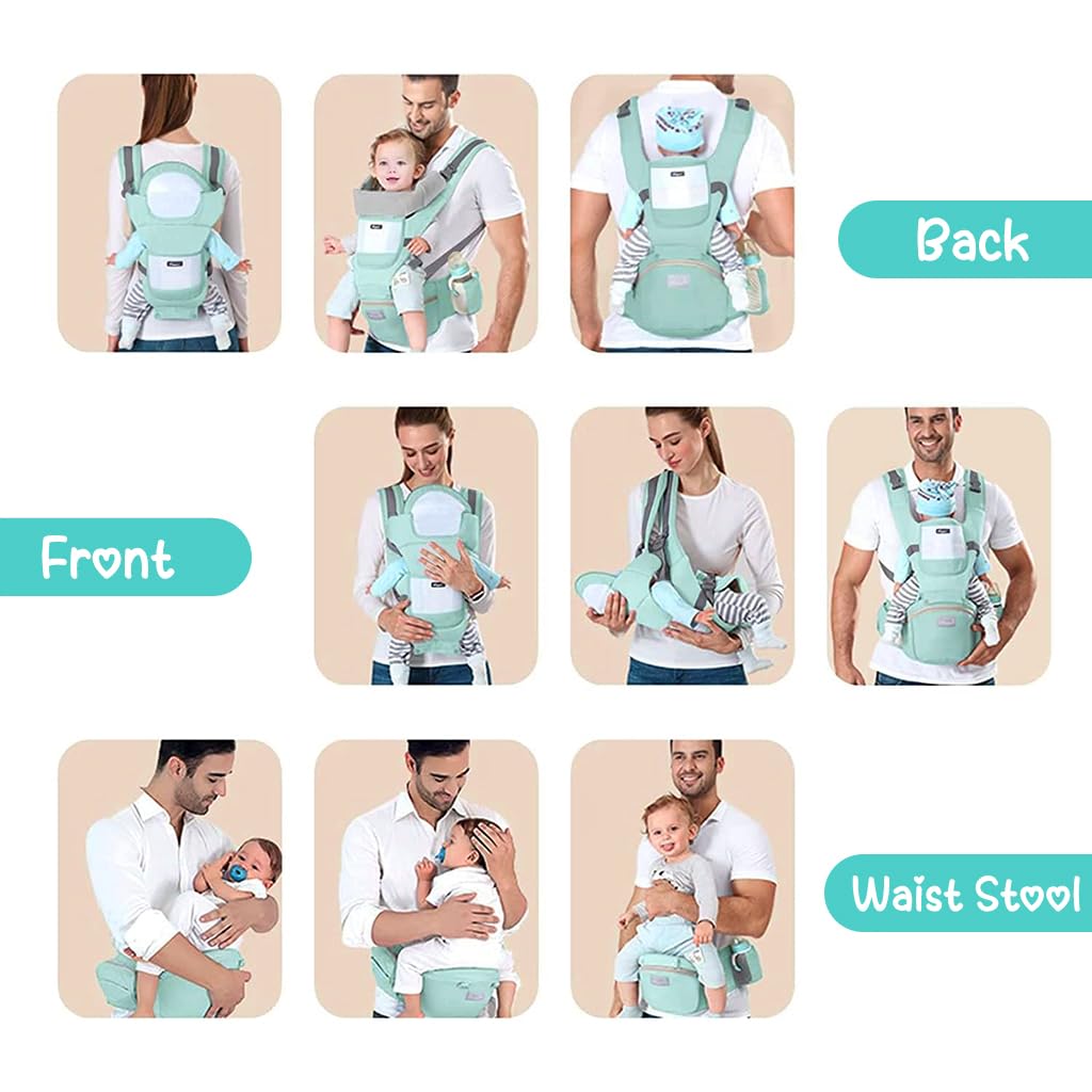 Snowie Baby Carrier for Daily Use with Ergonomic Lumbar Support and 6 in 1 Hip Seat | Breathable Green Design for Infants Up to 30Kg