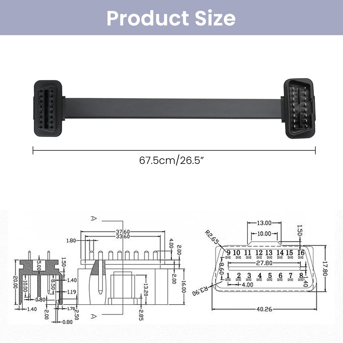 STHIRA OBD2 Extension Cable for Automotive Diagnostics with 23.6 in Flexible Flat Design | Protects OBDII Port