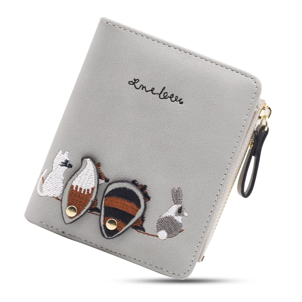 SANNIDHI  Small Wallets for Women, Cute Mini Animals Embroidery, Short Wallet Card Holder Billfold Purse Wallet Gift for Girls (Grey)