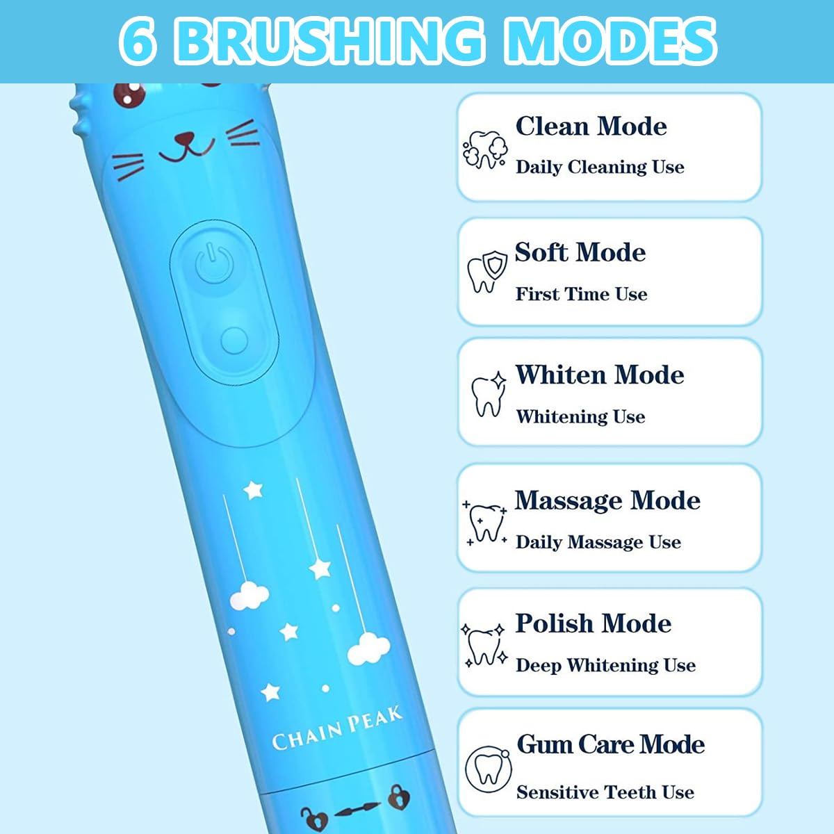 HANNEA® Electric Toothbrush For Kids, Battery Powered brush tooth, Age 3+, Soft Nylon Bristles, Chargeable automatic Tooth Brush With 6 Brushing Modes, 2 Interchangeable Brush Heads(Blue)