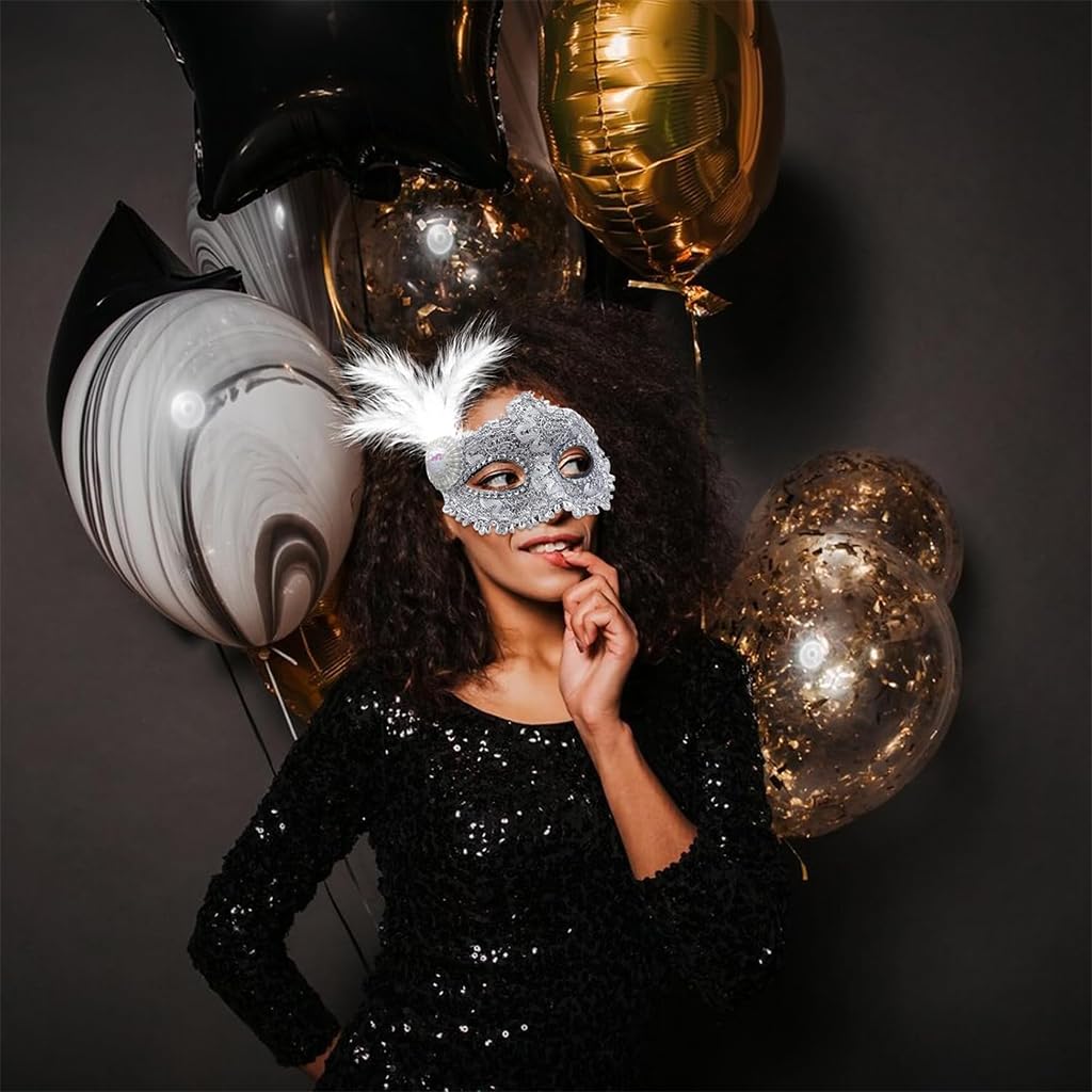 PATPAT Masquerade Mask for Women featuring Feather Lace Design and Adjustable Tie‑Back | 2 Pcs Black and White Set