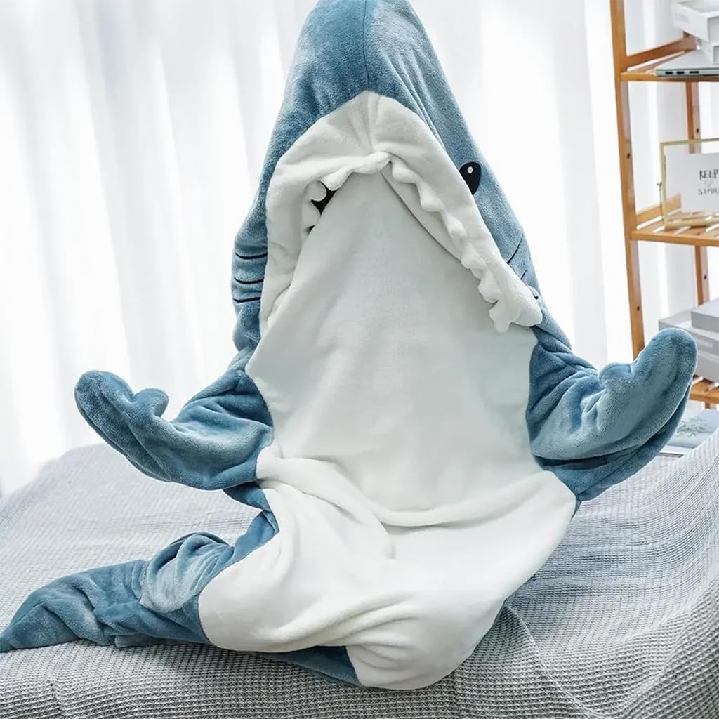 ZIBUYU® Shark Blanket Bag Pajamas for Women and Men Warm Flannel Hoodie Soft Plush Wearable Blanket Sleeping Bag for Adults & Teens Overnight Pajamas Party Shark Onesie Costume, 170cm