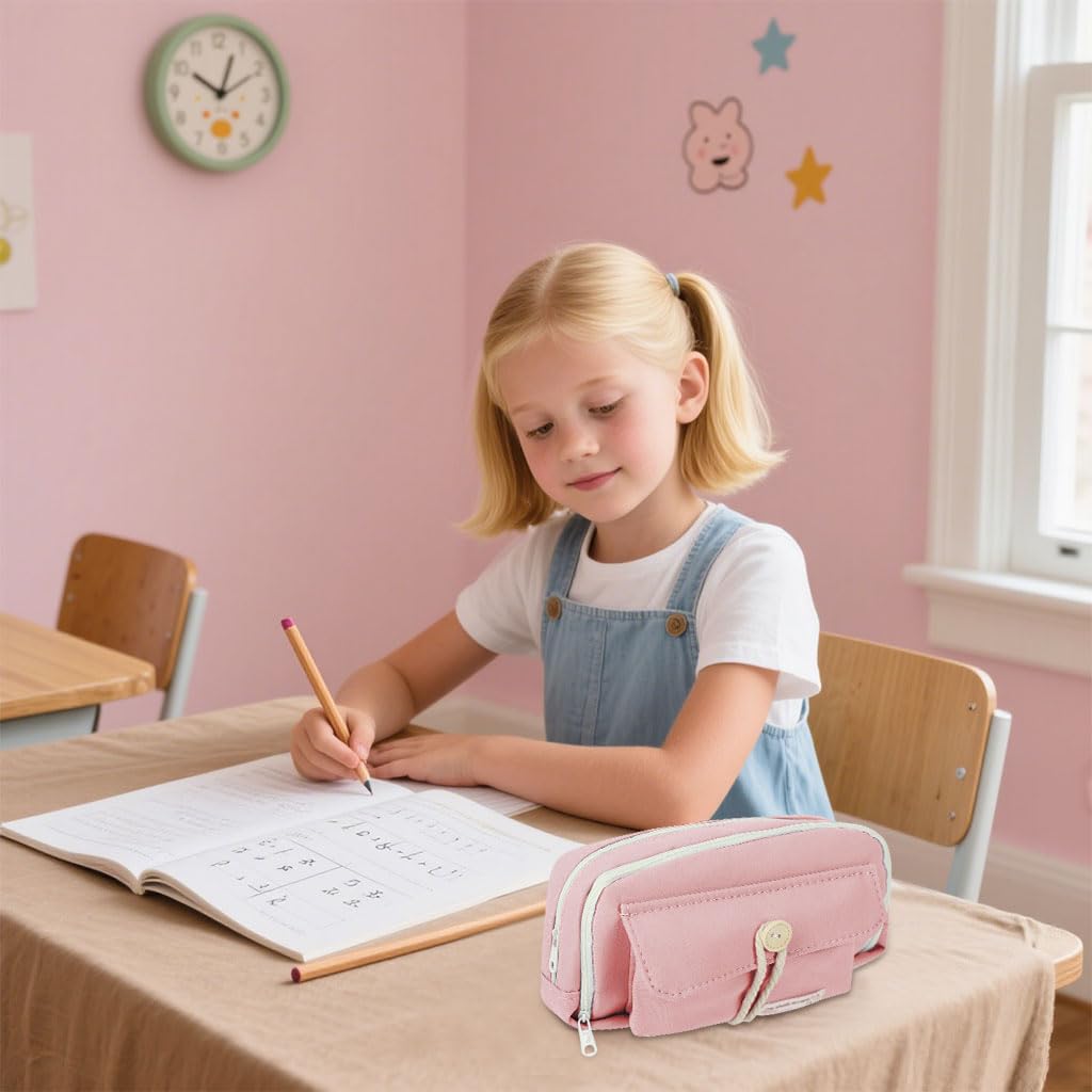 Zibuyu Pencil Pouch for School and Office featuring Double Layer Design with 21x11x7.5cm Canvas | Pink Organizer for Students