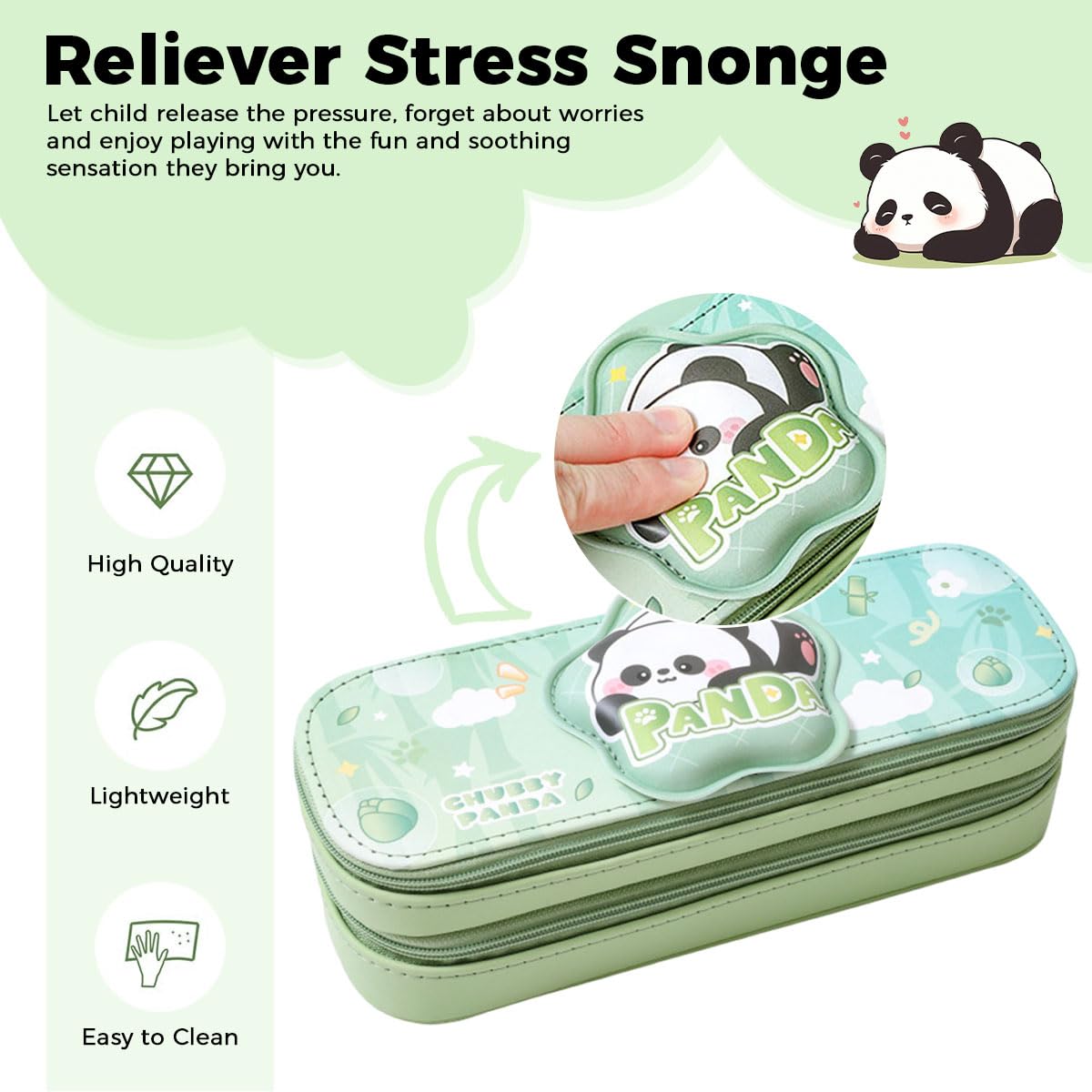 Zibuyu Pencil Box for Kids with Double Layer 22×7.5×7.5cm Design | Green Polyester Panda Organizer