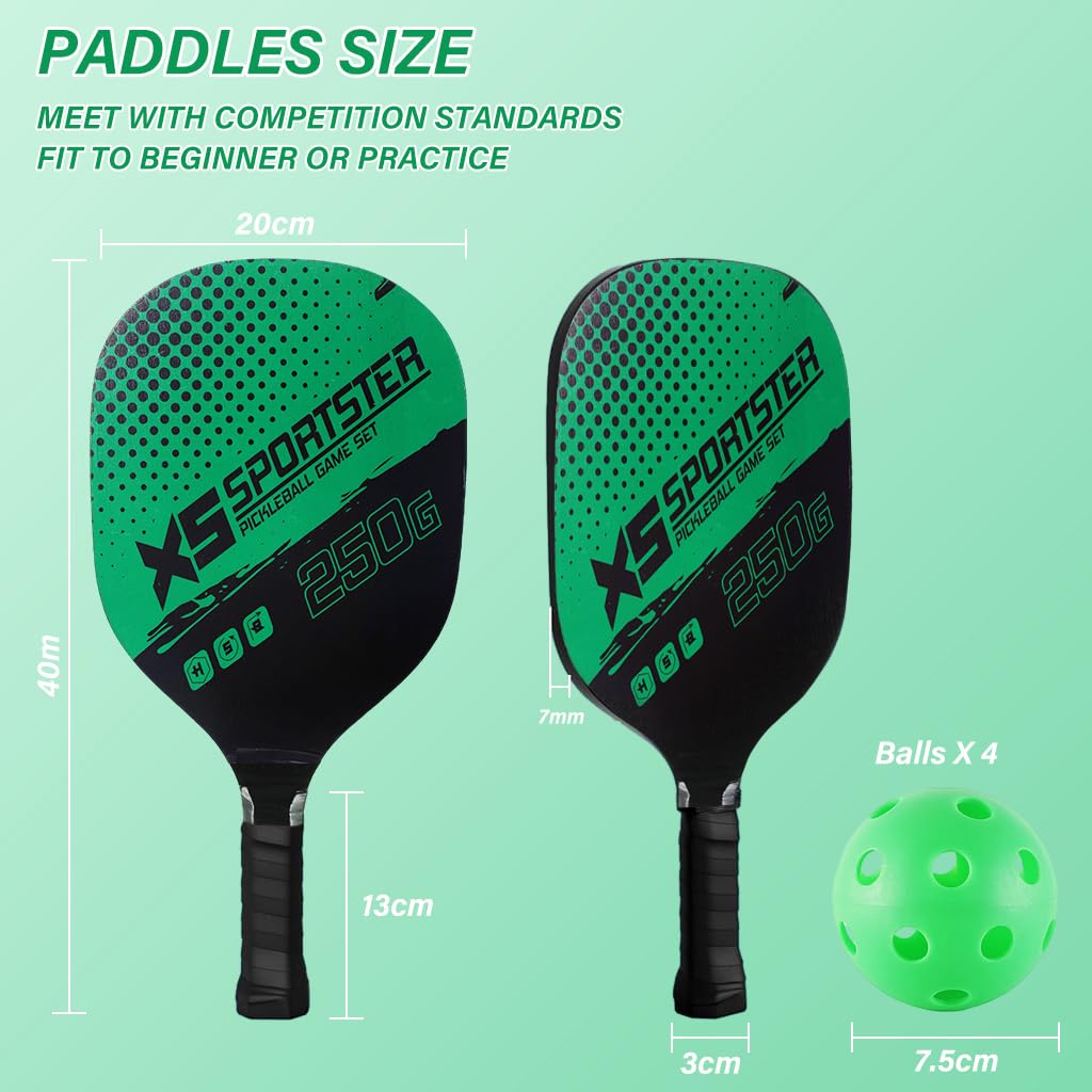 Proberos Pickleball Paddles Kit with 4 Balls and Portable Bag for Outdoor Family Fun | Green