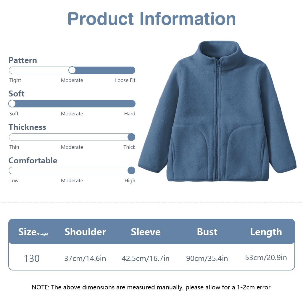SANNIDHI Kids Polar Fleece Jacket with Stand Collar and Pockets Blue 130 cm | Warm Winter Coat