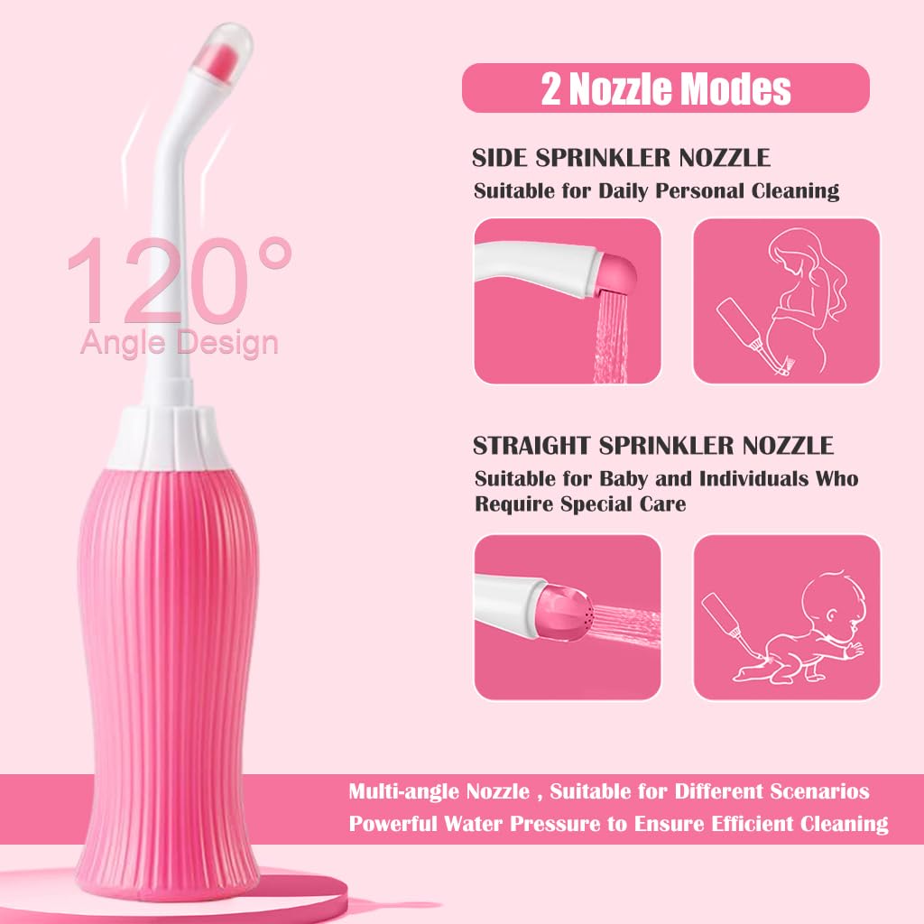 HANNEA 450ml Portable Retractable Travel Bidet for Toilet Handheld Postpartum Perineal Cleansing Childbirth Cleaner with Bag/2 Nozzles- for Outdoor,Camping,Personal Hygiene (Pink)