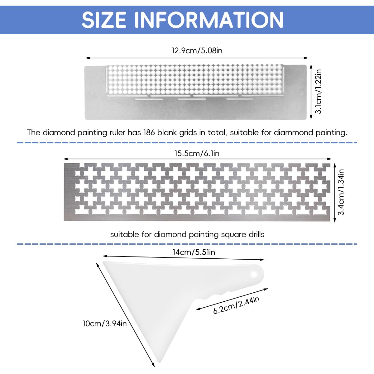 HASTHIP® Diamond Painting Ruler Kit with Scraper Stainless Steel Circle Grid Ruler & Cross Grid Ruler 5D Diamond Painting Ruler Tool DIY Even Spacing Ruler DIY Diamond Painting Art Accessories