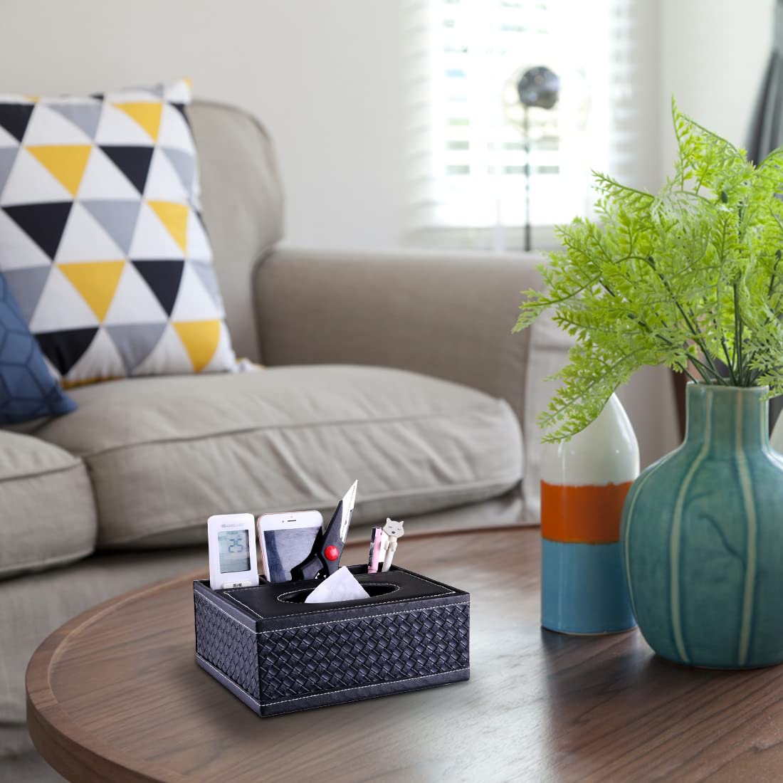 HASTHIP Desktop Organizer for Home Office with 23.5×16.7×9.4 cm Size and Three Compartments | PU Leather Tissue Box Holder