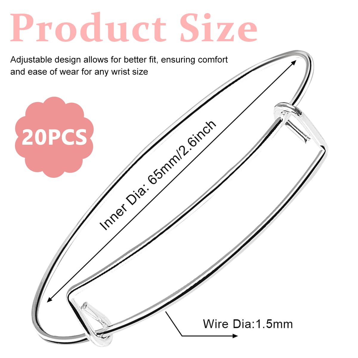 SANNIDHI Expandable Blank Bangle Bracelets for DIY Jewelry Making 20pcs Silver Adjustable Set
