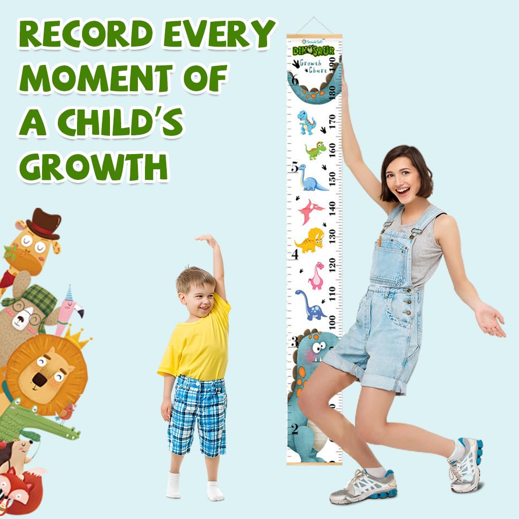 SNOWIE SOFT Cartoon Growth Chart for Kids 60–180cm with Wall Hanging Canvas | Blue Dinosaur Room Decor