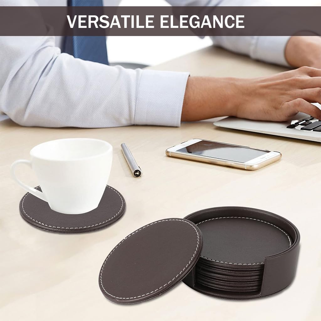 HASTHIP Leather Coasters Set for Table Protection with Holder and PU Insulation | Brown 6Pcs
