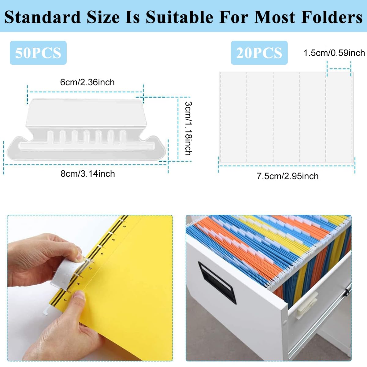 Climberty® File Folder Tabs, 50Pcs Hanging File Folder Labels Tabs and Inserts, Rusable Plastic File Tab Holder Movable File Tab Holder Labels for Documents, Projects & Certificates (Transparent)