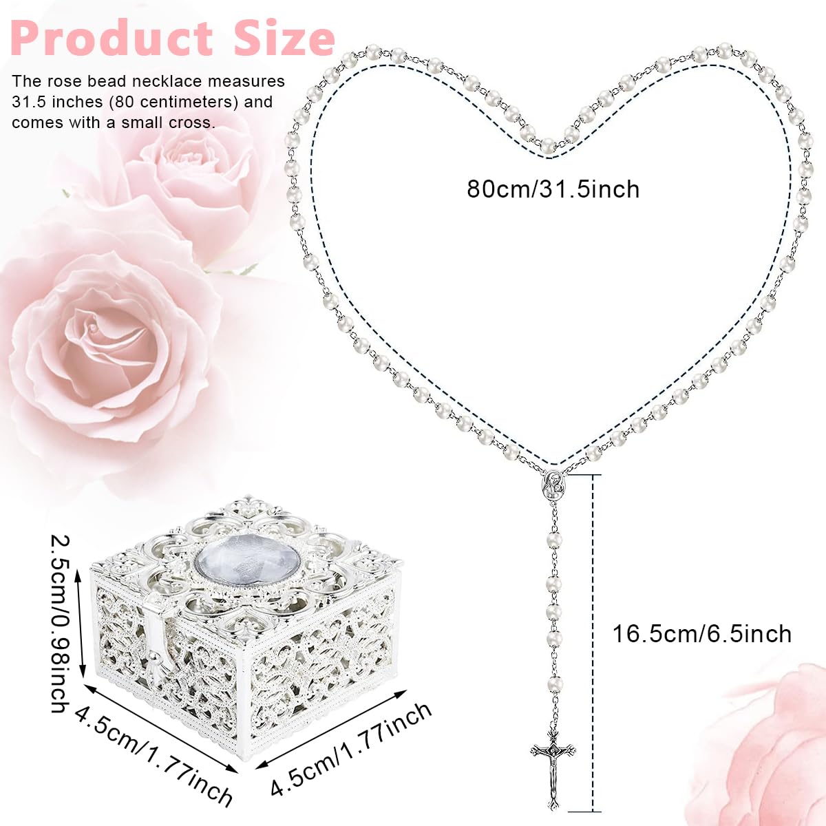 SANNIDHI Cross Pendant Pearl Necklace with 8mm Rosary Beads for Prayer and Gift Box