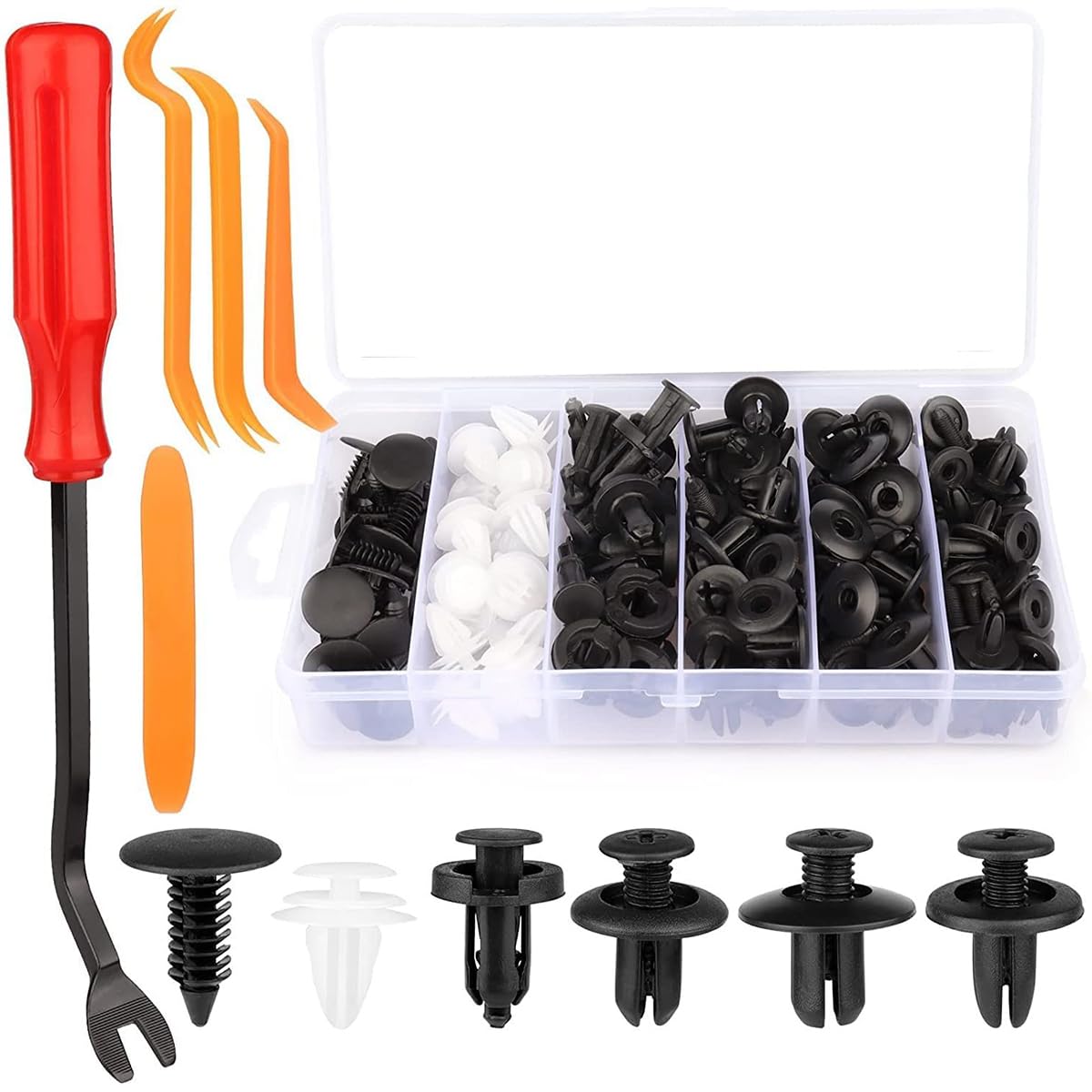 STHIRA Universal Car Bumper Retainer Clip Kit 100 Pcs for Trim and Fender with 5 Removal Tools | Organized Plastic Storage Box