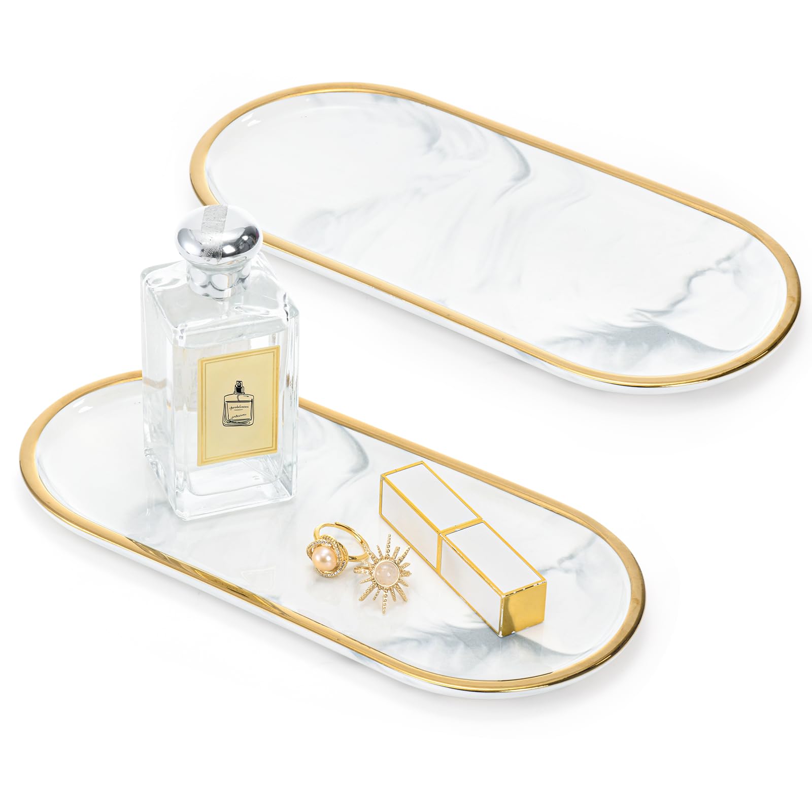 HASTHIP® Vanity Tray Jewelry Tray Makeup Tray Bathroom Organizer Tray Oblong Golden Edge Ceramic Marble Pattern Toiletries Tray Countertop Holder Organizer, 31.8x14.8cm