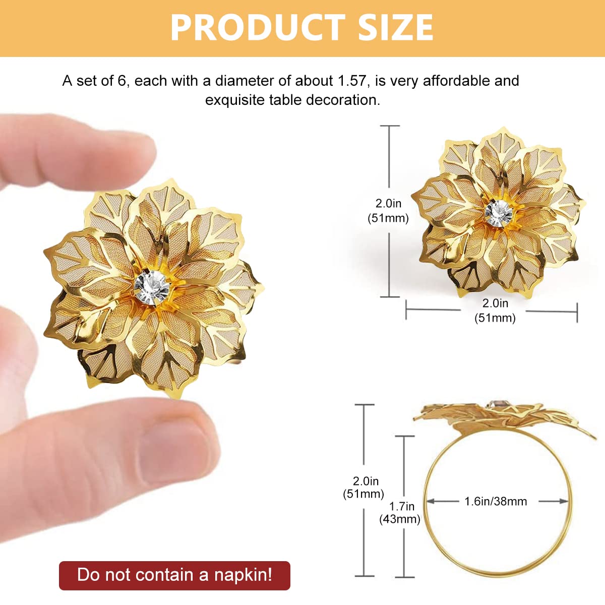 HASTHIP 6 Pcs Napkin Rings for Dinners Table Flower Rhinestone Metal Gold Napkin Holder Table Napkin Rings for Parties Wedding Everyday Dinner Decor