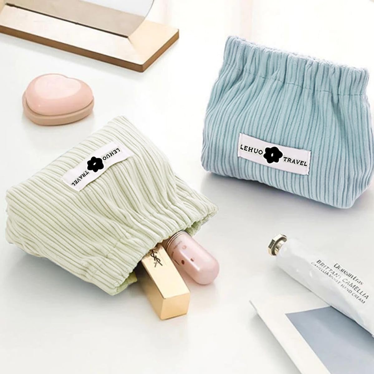 MAYCREATE Makeup Pouch 2Pcs Set for Travel and Daily Use featuring Easy Squeeze Open | 13x5x12cm Soft Corduroy Organizer for Women