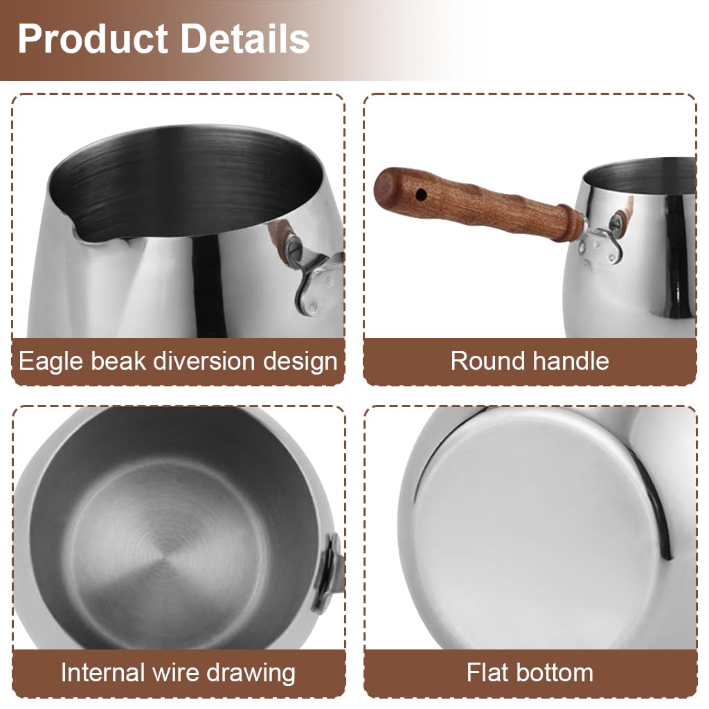 Supvox Milk Frothing Pitcher for Latte and Cappuccino with 600ml Capacity featuring Wooden Handle and V-Shape Nozzle | Stainless Steel Jug for Home Baristas