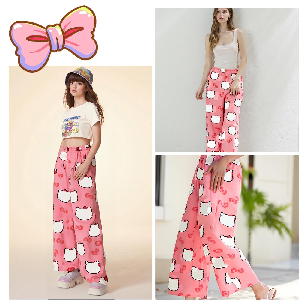 SANNIDHI Pyjama Pants for Women featuring Cartoon Kawaii Cat Print and Elastic Waistband | Soft Breathable Polyester Lounge Bottoms for Summer Comfort