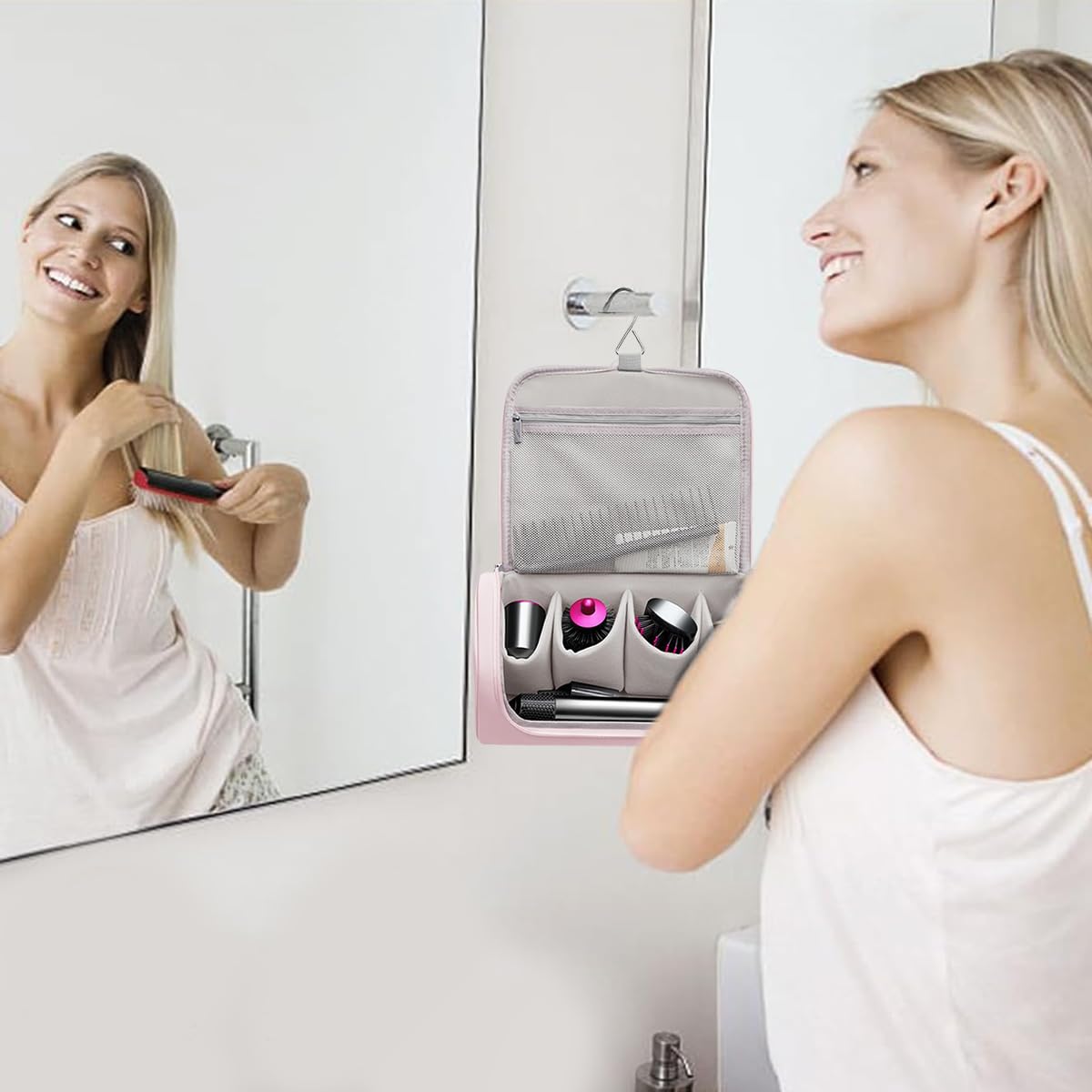 MAYCREATE Travel Storage Bag for Dyson Airwrap with Hanging Hook and 5 Compartments | Pink PU Organizer