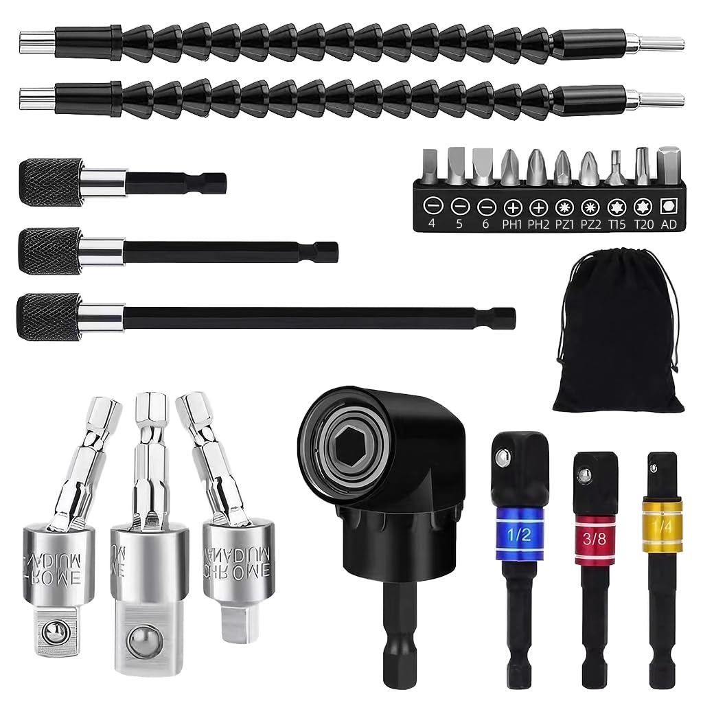 Serplex® Flexible Drill Bit Extension Set with 105° Right Angle Attachment, Rotatable Joint Socket 3PCS (1/4, 3/8, 1/2 In Hex Adapter) & Bendable Screwdriver Bit for Home DIY and Professional Use