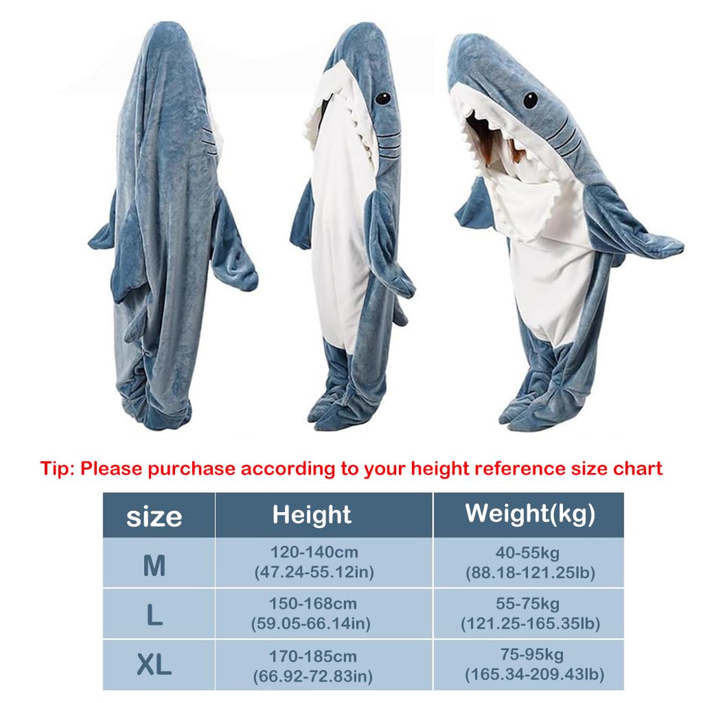 ZIBUYU® Shark Blanket Bag Pajamas for Women and Men Warm Flannel Hoodie Soft Plush Wearable Blanket Sleeping Bag for Adults & Teens Overnight Pajamas Party Shark Onesie Costume, 170cm