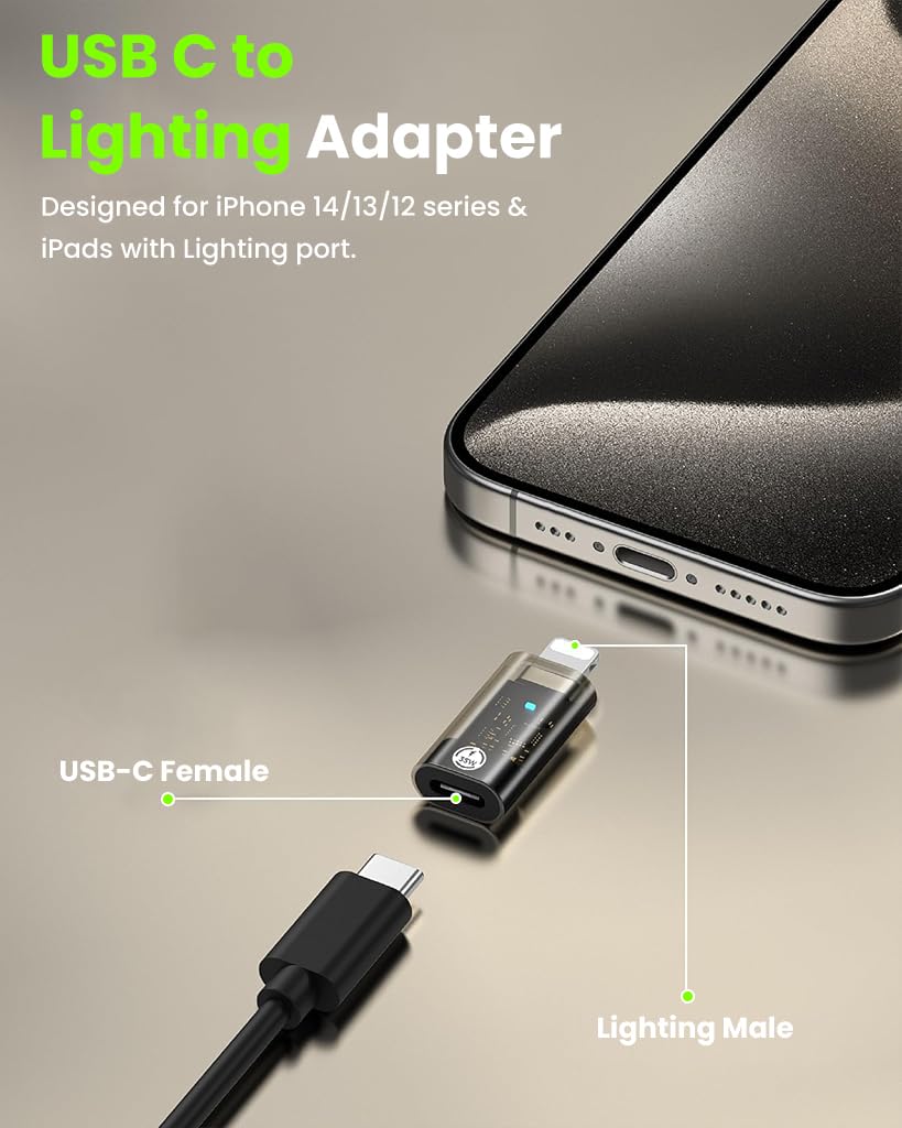 Verilux Type C to Lightning Adapter for iPhone featuring 35W PD Fast Charge and LED Indicator