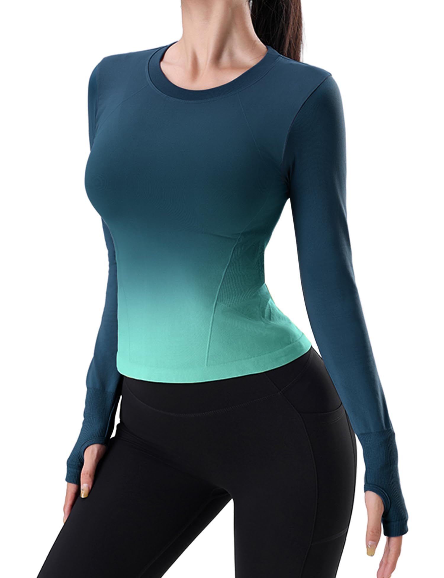 Venzina Women's Gradient Workout T Shirt for Yoga and Running with Thumbholes | Quick Dry Slim Fit Top in Peacock Blue