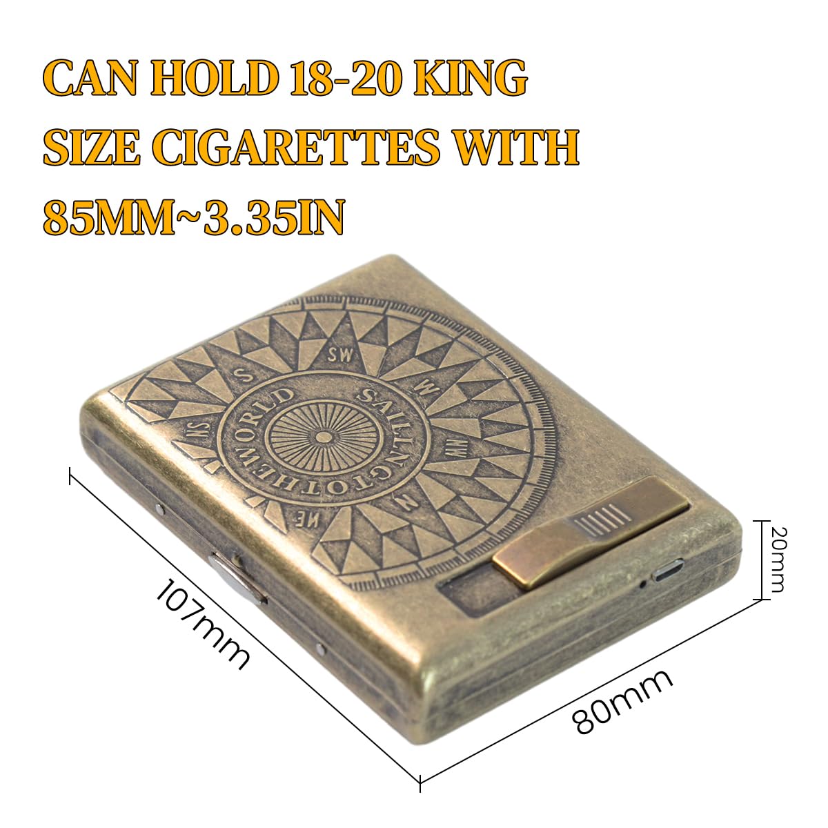 GUSTAVE® Retro Metal Cigarette Case for Men - USB Rechargeable Flameless Coil Lighter, Can fit upto 20 pcs Regular Cigarettes(85mm), Coil Lighter Gift for Men (Compass Lighter)