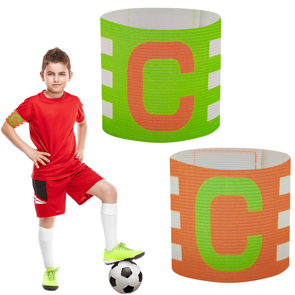 Proberos Football Captain Armband Pack of 2 for Team Leaders with Stretchy C Design | Green and Orange