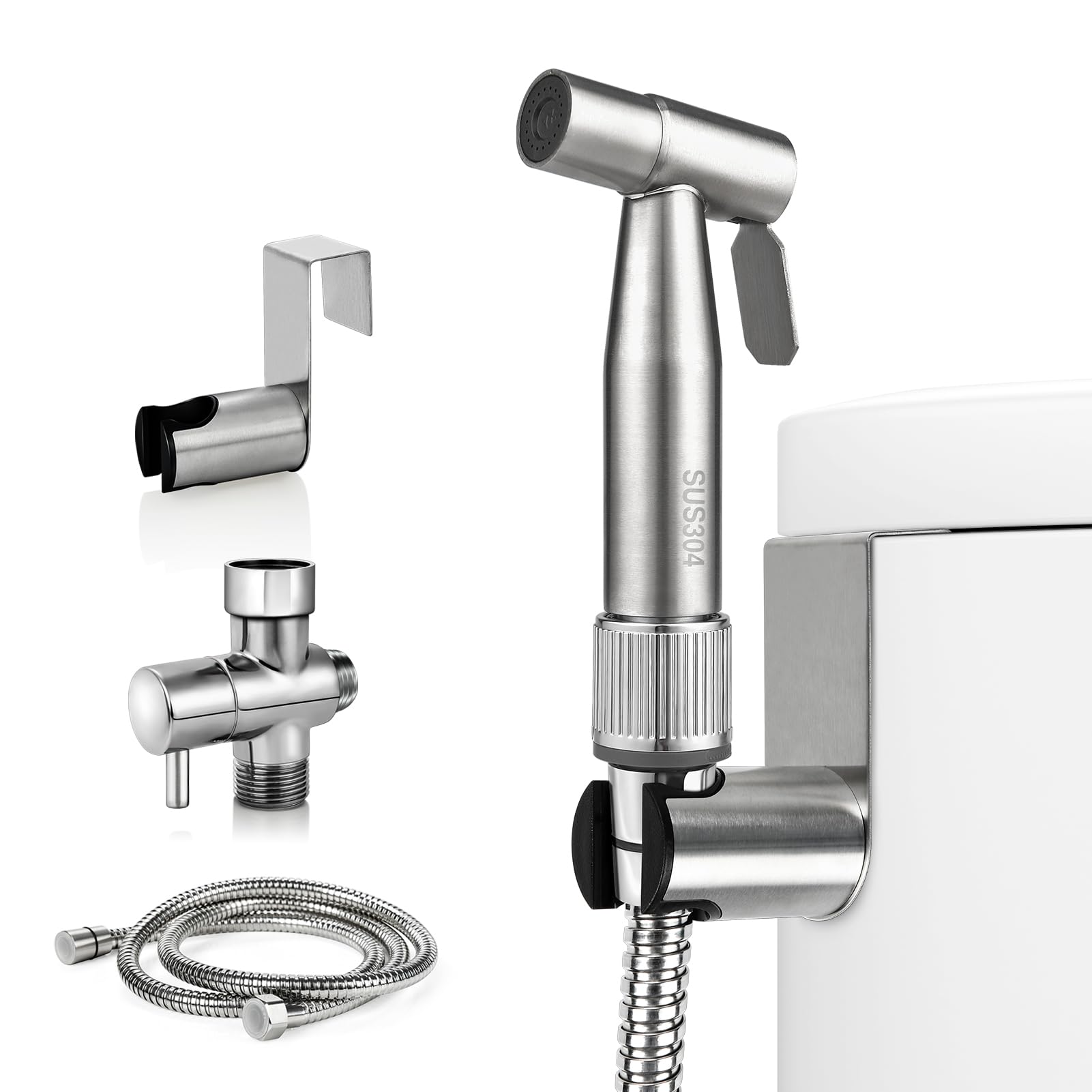 HASTHIP® Toilet Spray Gun Pressurized Handheld Toilet Sprayer Bidet Hose Stainless Steel Handheld Rinser No Drill Universal G1/2'' Toilet Spray Sprayer for Installation Kit, 4ft Soft Hose
