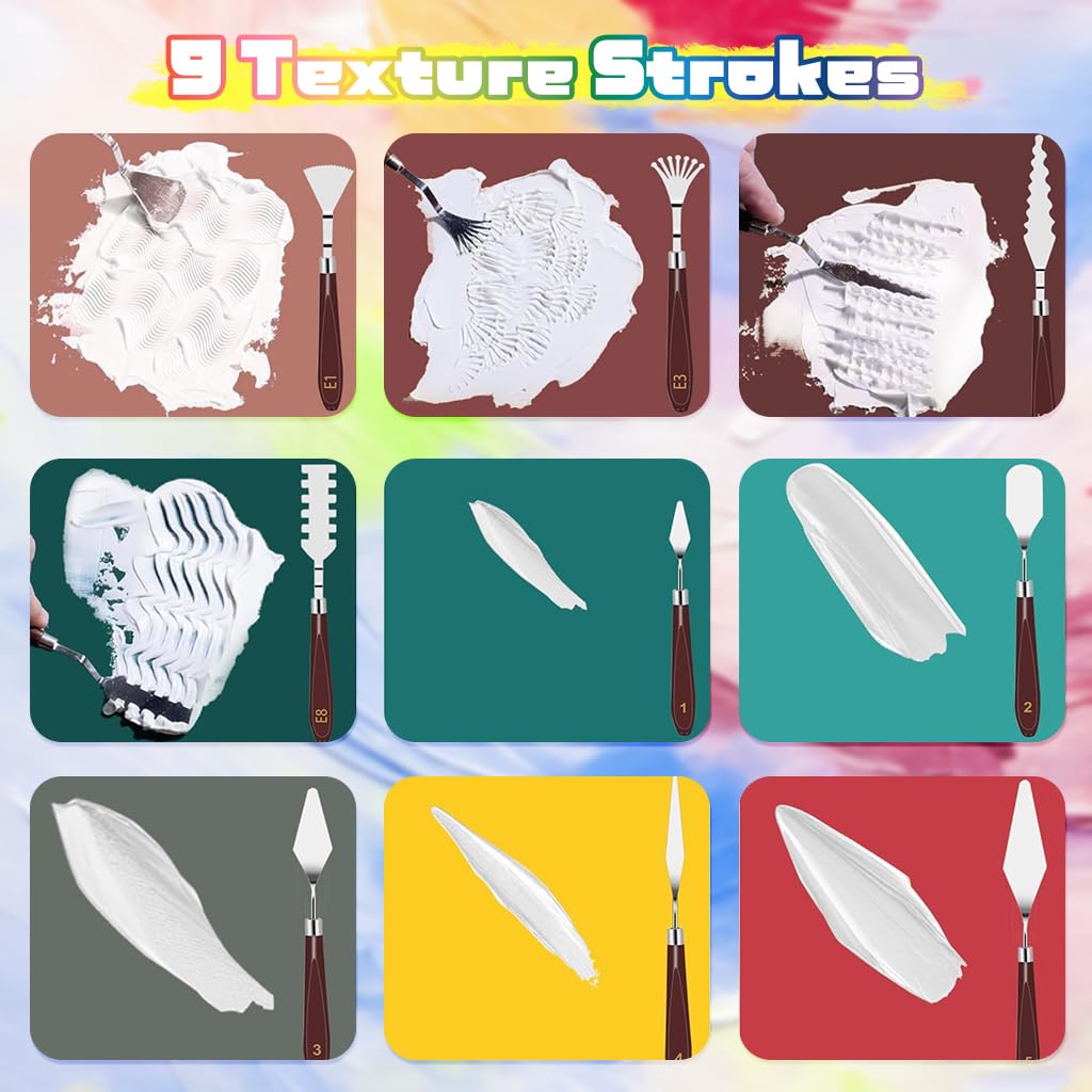 HASTHIP Acrylic Paint Scrapers Set for Texture Art with 9 Steel Tools & 6 Panels | Ergonomic Wooden Handles for Artists