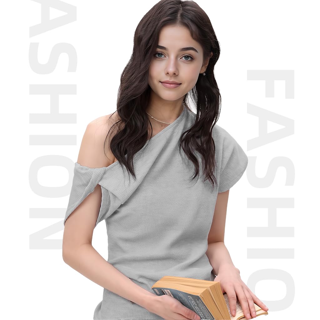 SANNIDHI Womens Off Shoulder Tops for Summer with Waffle Knit Texture and Short Sleeves | Casual Loose Solid Color Blouse
