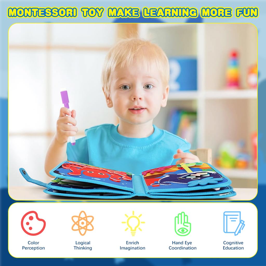 SNOWIE SOFT Ocean Toddler Busy Binder for Travel with Hand Puppet and Felt Pages | Montessori Quiet Book for Kids 1–3