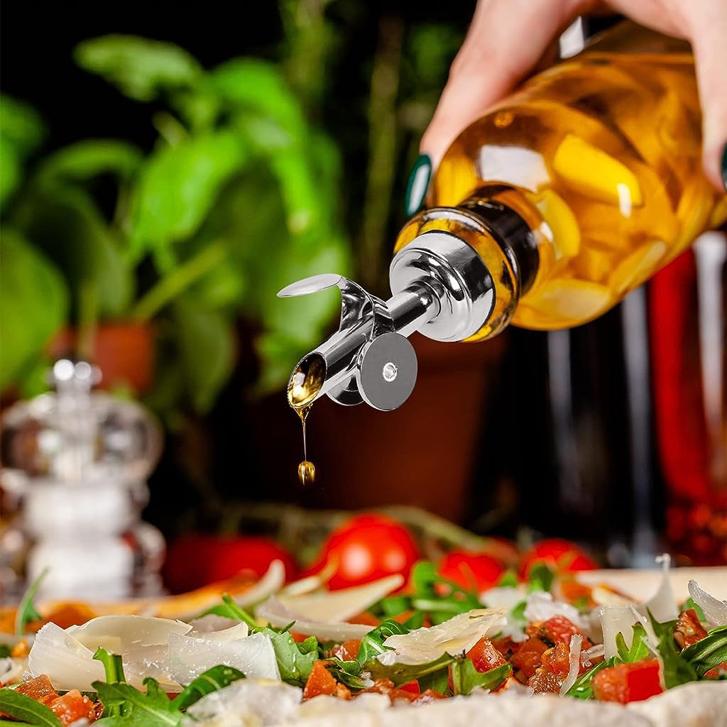 HASTHIP Oil Dispenser Spout Set for Olive Oil and Vinegar with Auto Closing Lid | 2pcs Stainless Steel Leakproof Pourer