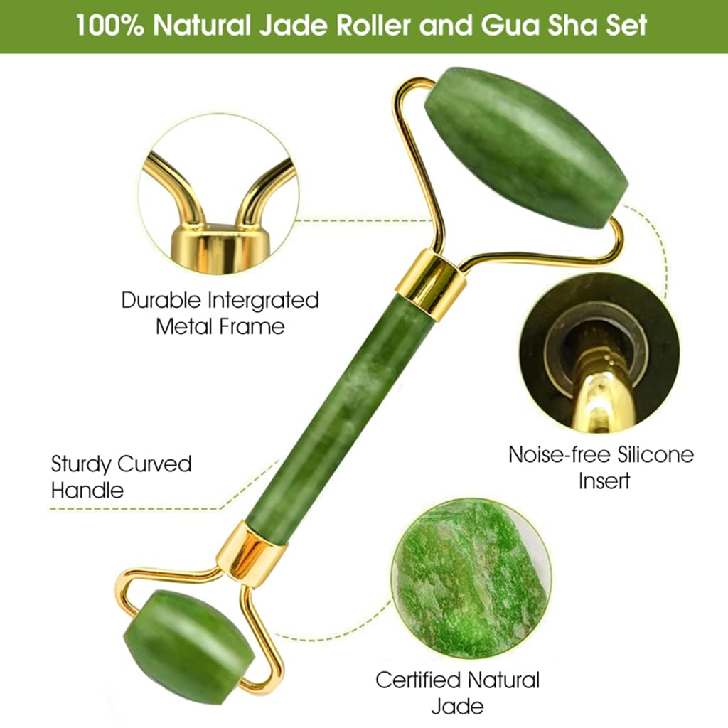 MAYCREATE Jade Roller and Gua Sha Set with Dual Head Roller & V Curve Board for Facial Massage