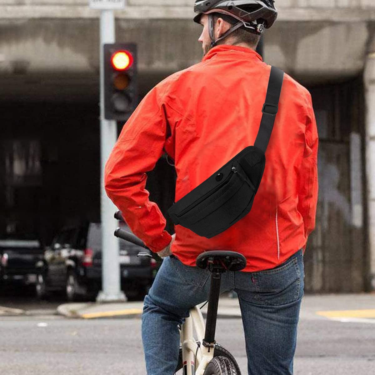 GUSTAVE Waist Bag for Travel and Running featuring 17.5x5x4 in Capacity with Headphone Port | Waterproof Nylon Adjustable Reflective Strap