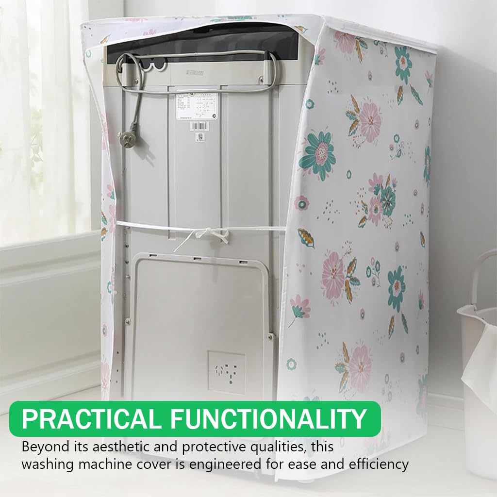 HASTHIP® Dust Cover for Household Washing Machine PEVA Dust Cover with Roll-Up Curtain fpr Front-Loading Washer Fashion Floral Print Household Washing Machine Dust Cover