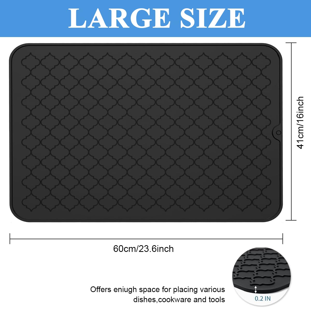 Supvox Kitchen Silicone Drying Mat for Countertop 16x24 in featuring Diamond Drain Pattern | Heat Resistant Non Slip Design