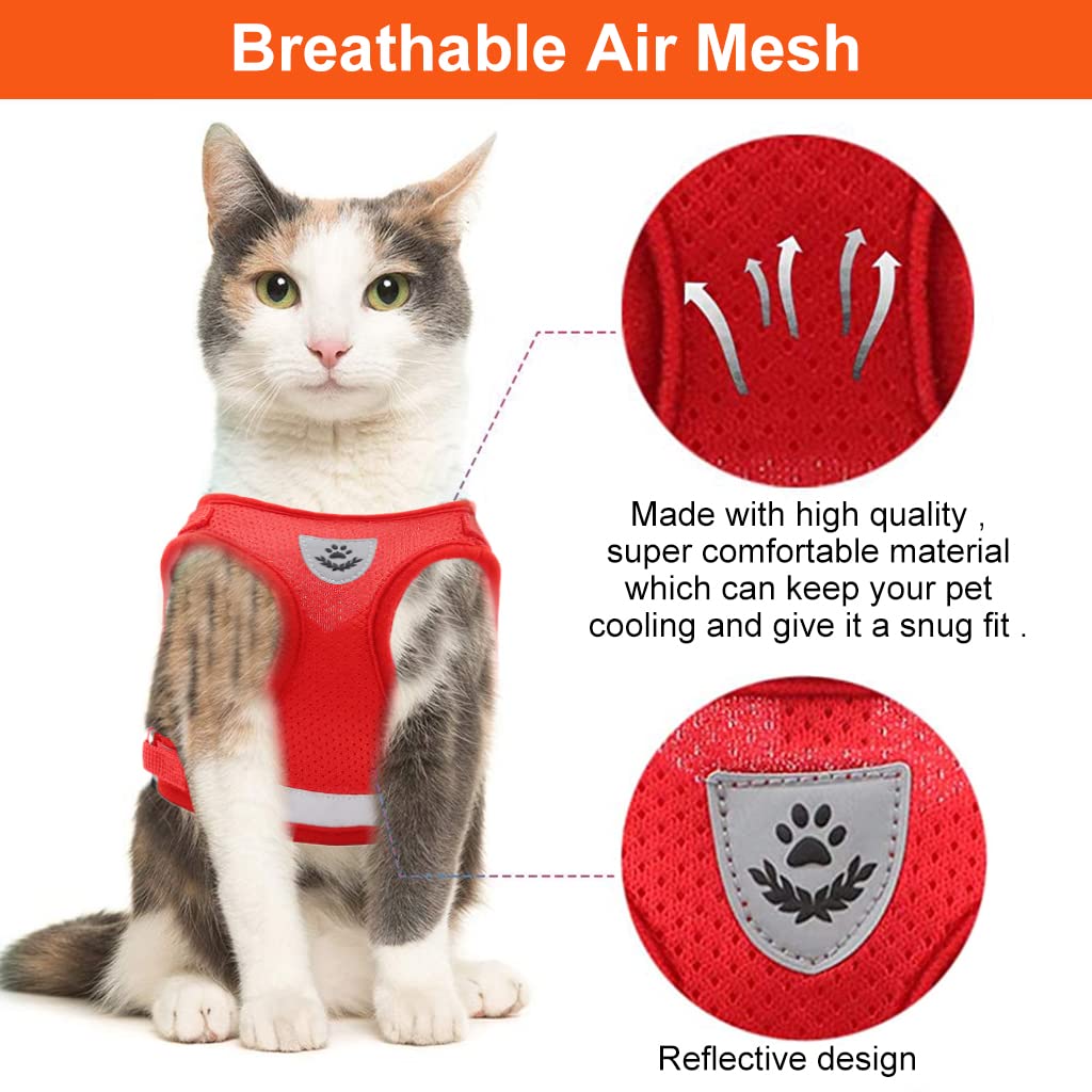 Qpets® Cat Vest Harness with 1.2m Dog Leash Adjustable Size Dog Vest Harness Breathable Mesh Fabric with Safety Reflective Strip Dog Harness for Cat(S, red)