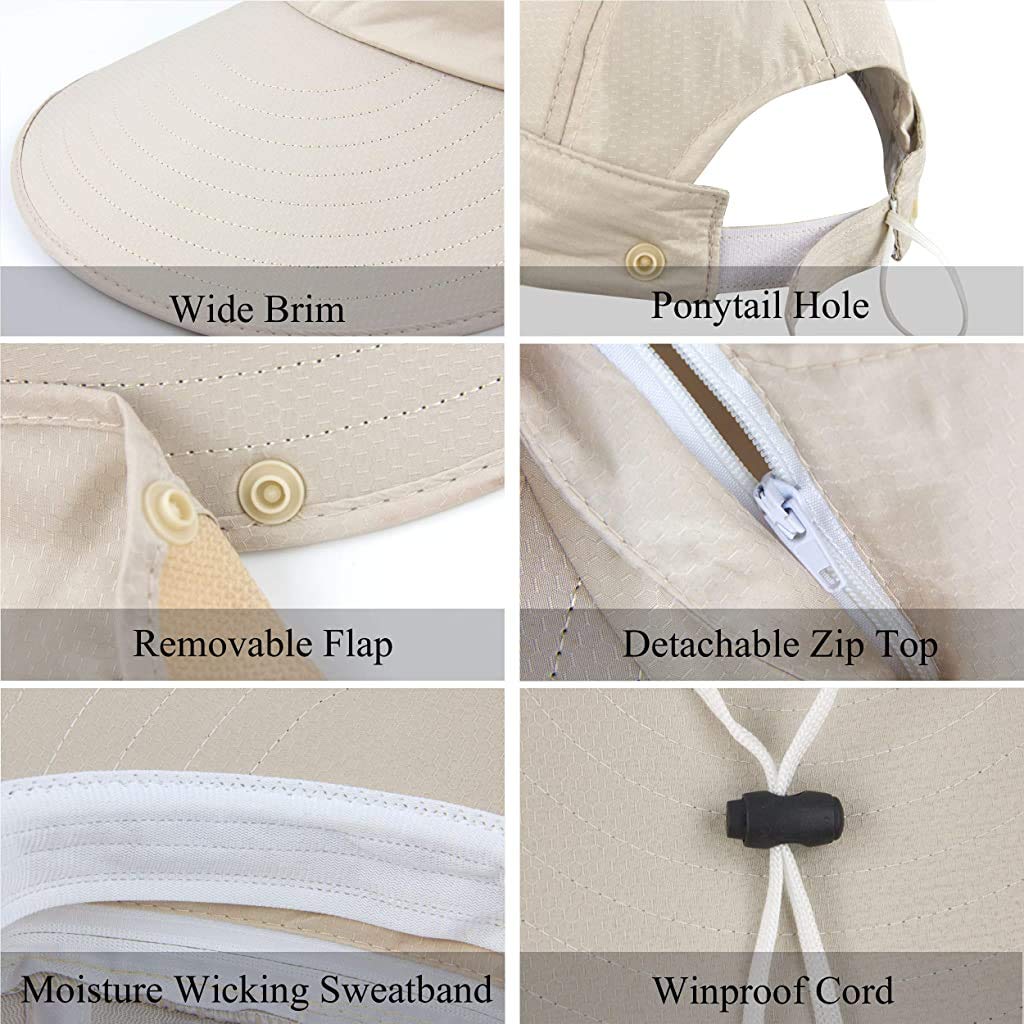 GUSTAVE® Women Sun Hat for Women Wide Brim UV Protection Fishing Hat Foldable Ponytail Summer Hats with Detachable Flaps (Khaki) 3 PCS