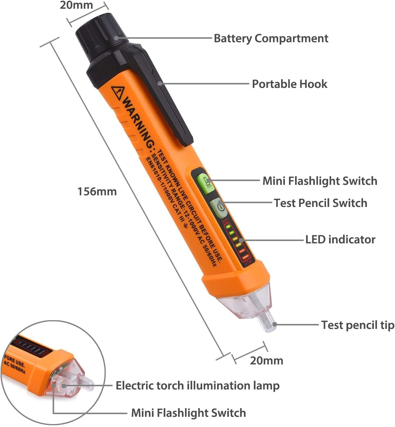 Supvox Non-Contact Voltage Tester 12-1000V AC Voltage Detector Pen Circuit Tester Tool with Led Flashlight Beeper Pocket Clip