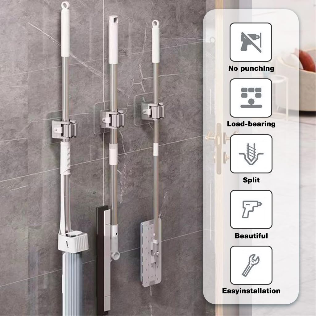 HASTHIP Mop and Broom Holders for Wall Storage featuring Pull In Roller Grip | Pack of 6