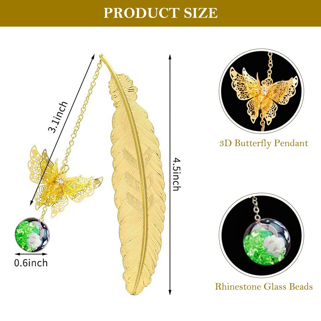 Supvox Metal Feather Bookmark with Glass Beads Pendant, Vintage Feather Butterfly Bookmark for Reading Enthusiasts and Gifting, Bookmark Gift for Teachers Women Student (Green)