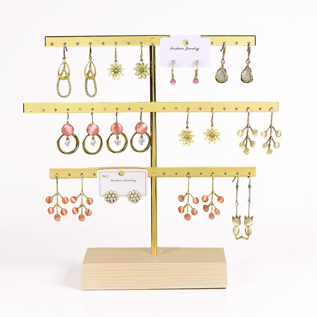 HASTHIP Earring Display Organizer for Desk and Dresser with 52 Holes and Wooden Base | Metal Jewelry Holder