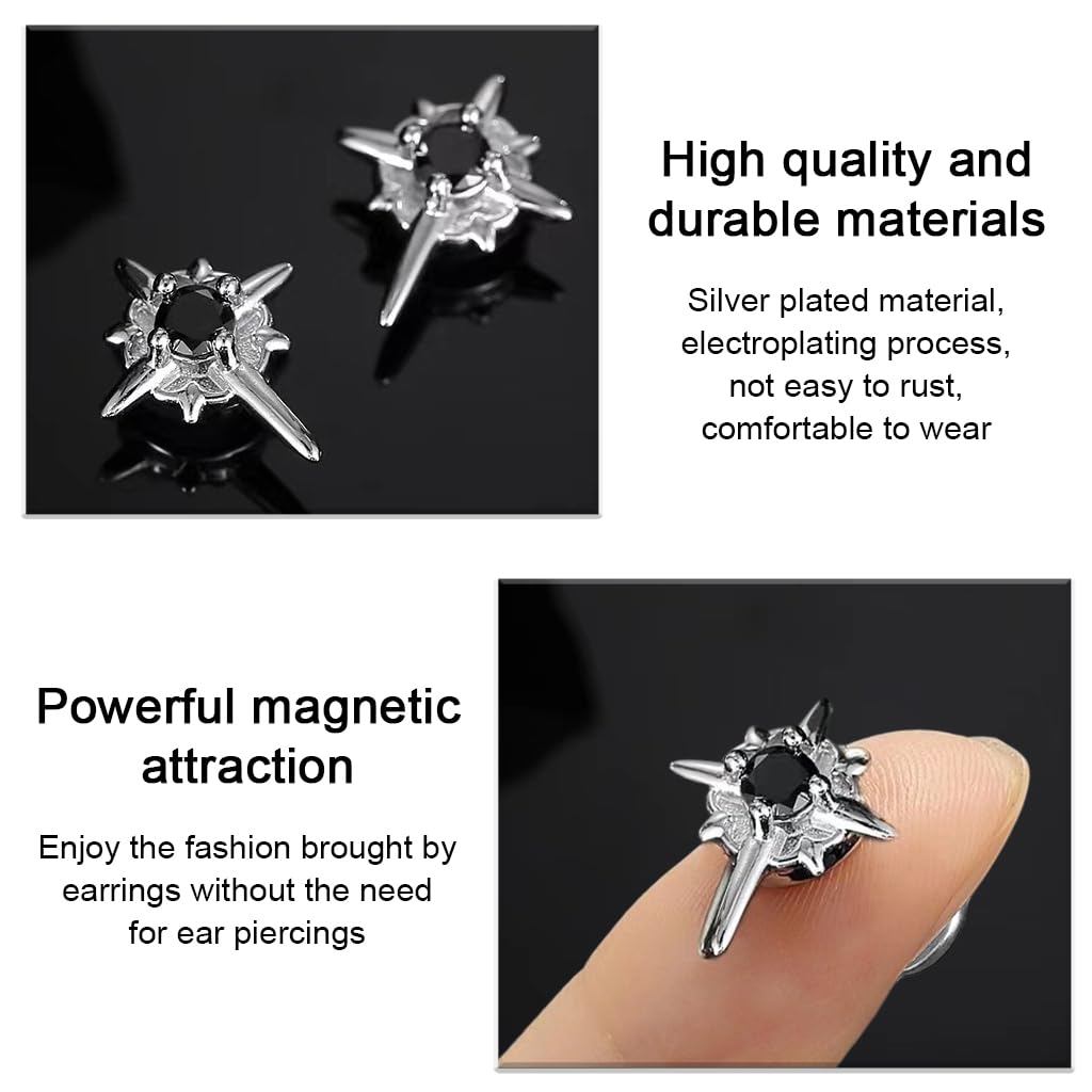 SANNIDHI Clip On Earrings for Non Pierced Ears with Magnetic Studs and Black Rhinestones | Unisex Punk Star Design