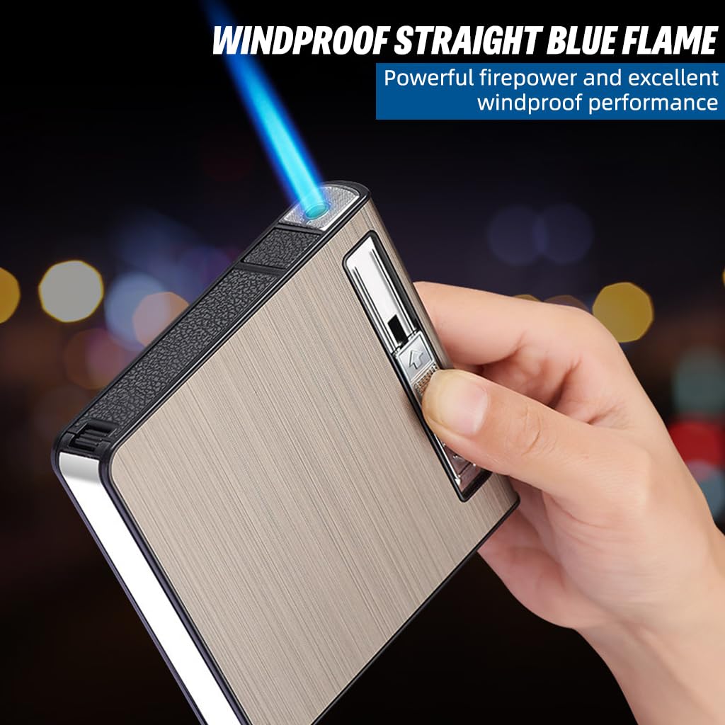 HASTHIP Cigarette Case with Refillable Torch Lighter for Daily Use featuring Brushed Aluminum Alloy Holds 20 Cigarettes