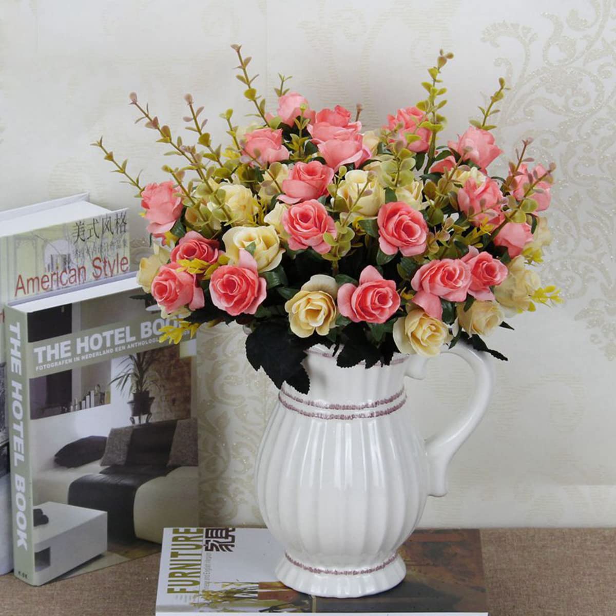 HASTHIP Artificial Rose Flowers for Home and Wedding Decor with 2 Bundles 24pcs Pink and White Silk Roses