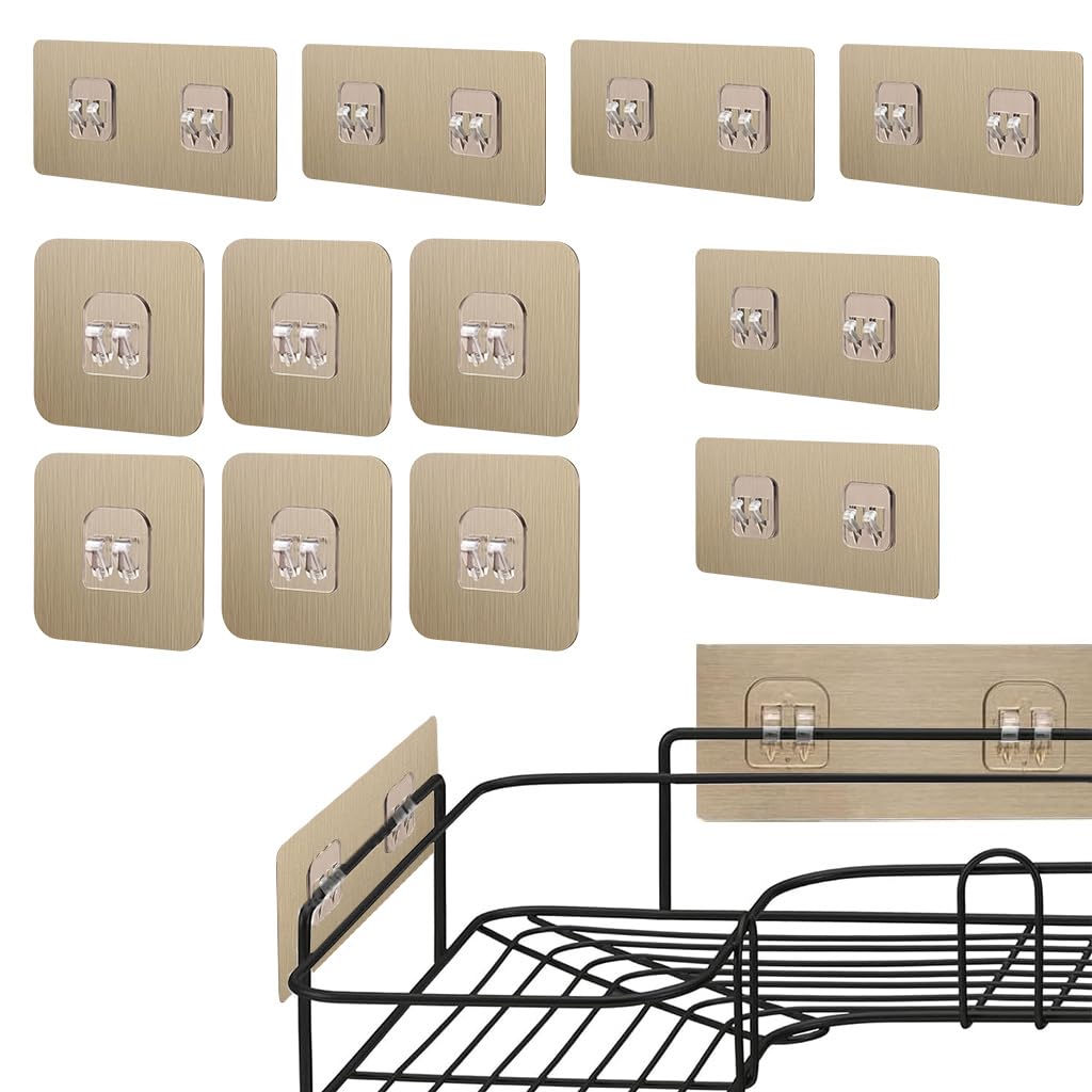 HASTHIP Adhesive Mounted Hook Plates for Kitchen and Bathroom with Dual Hooks 12Pcs featuring Golden Brushed Finish | Easy Peel and Stick Installation